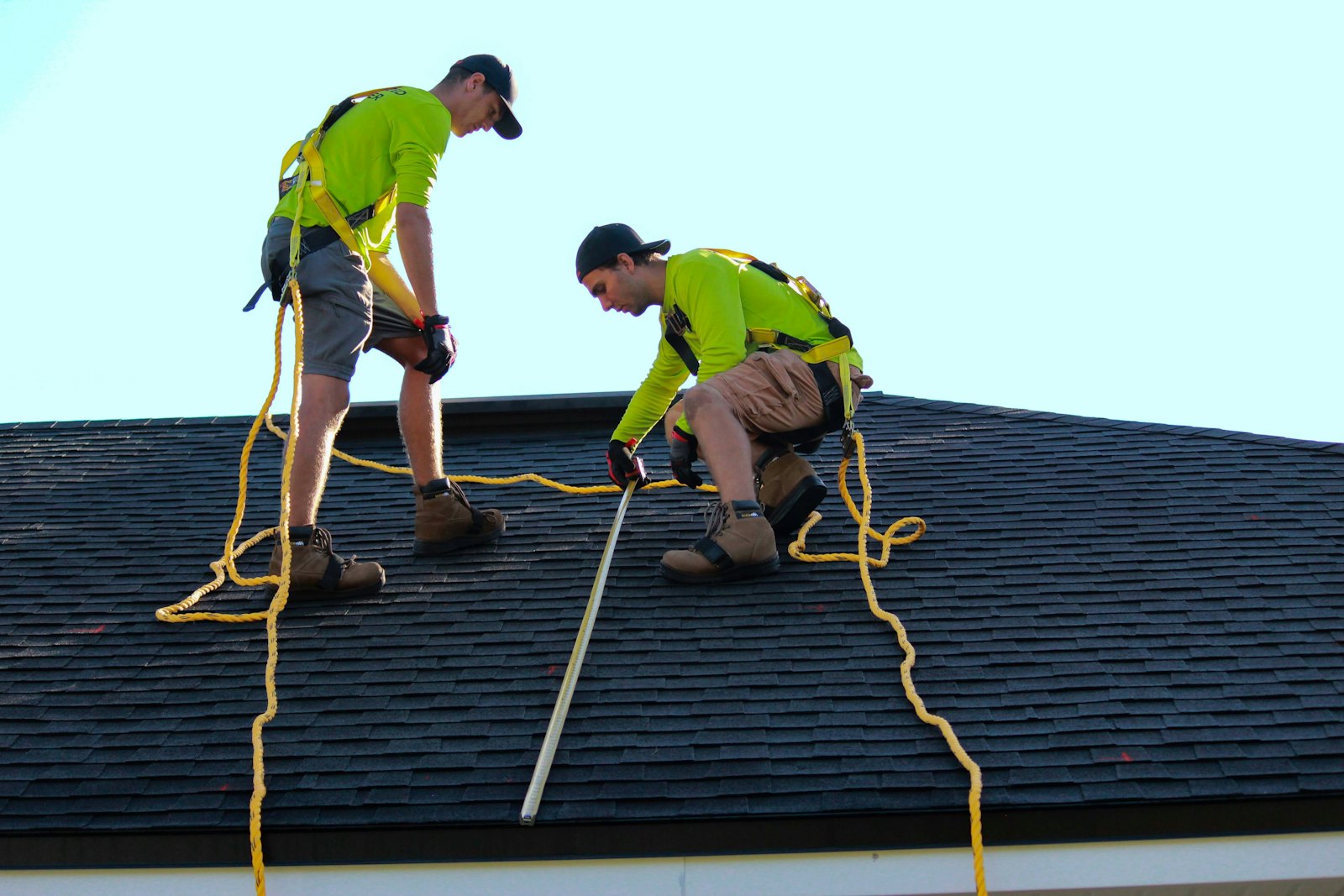 Two roofers in harnesses working on a residential shingle roof