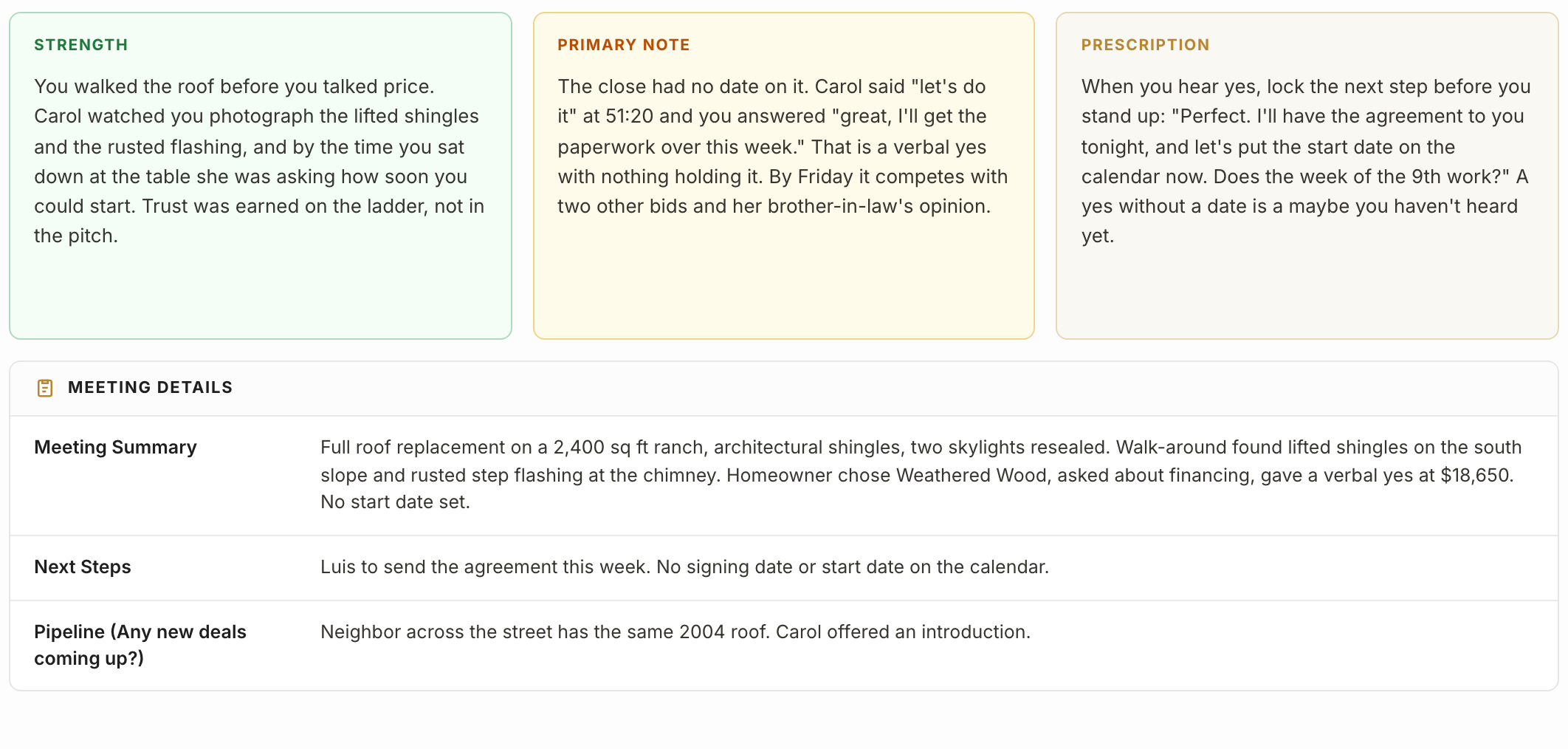The Strength, Primary Note and Prescription coaching cards above Meeting Details with Meeting Summary, Next Steps and a custom Pipeline field.