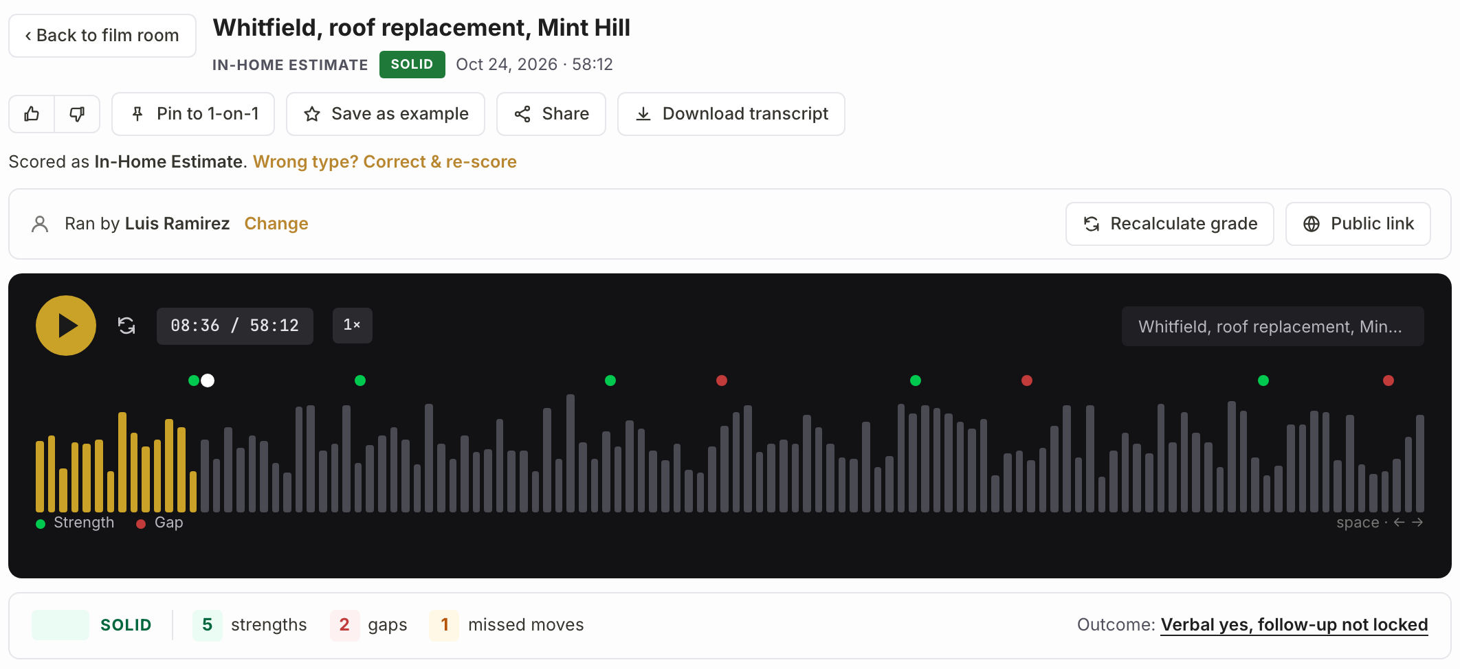 A scored call in SalesComp: Pin to 1-on-1, Save as example, Share and Download transcript buttons above an audio waveform marking strengths and gaps, then the Building label with strengths, gaps and missed moves.