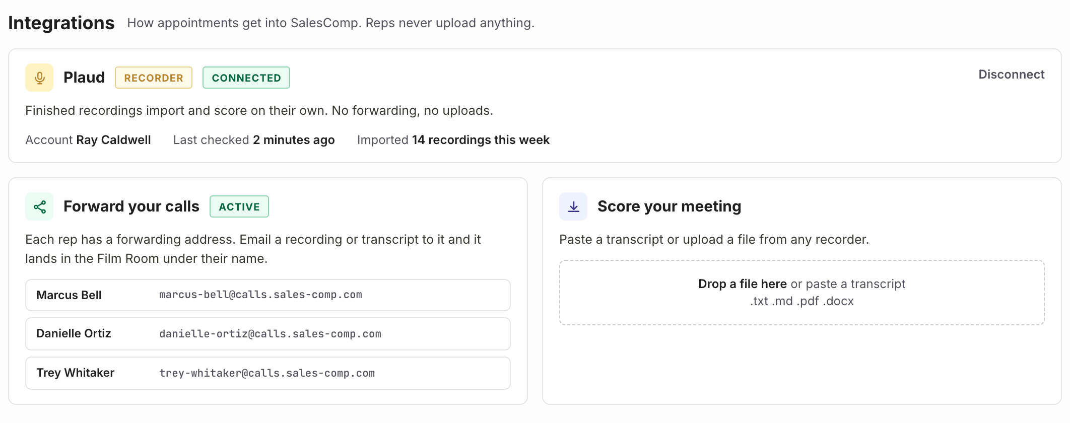 Integrations: Plaud recorder connected with 14 recordings imported this week, a forwarding email address for each rep, and a paste-or-upload box for transcripts.