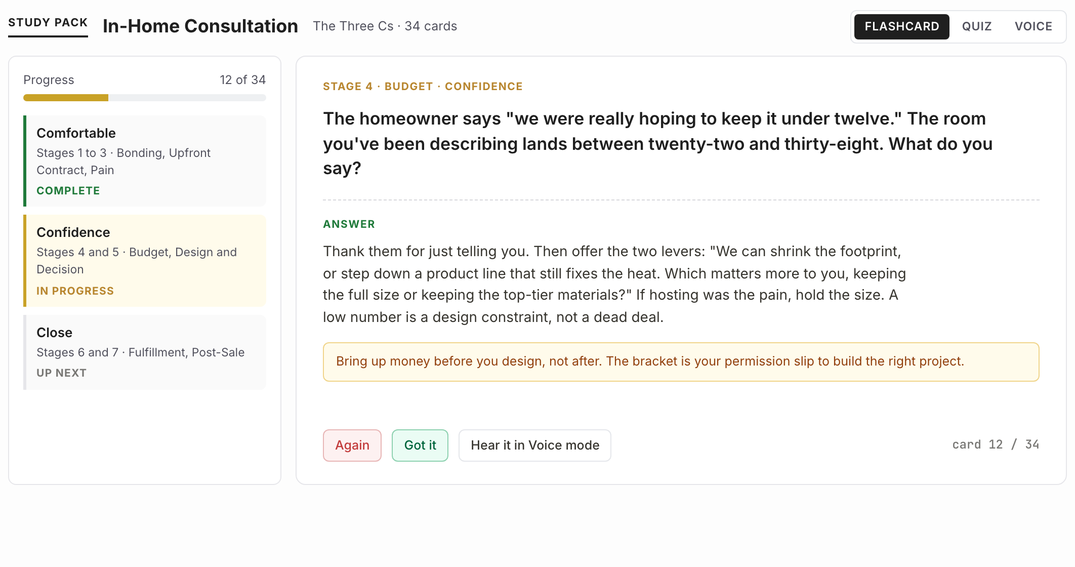 Study Pack for the In-Home Consultation playbook in Flashcard mode: progress through Comfortable, Confidence and Close, and a Budget-stage card asking what to say when the homeowner names a number below the bracket, with the answer.