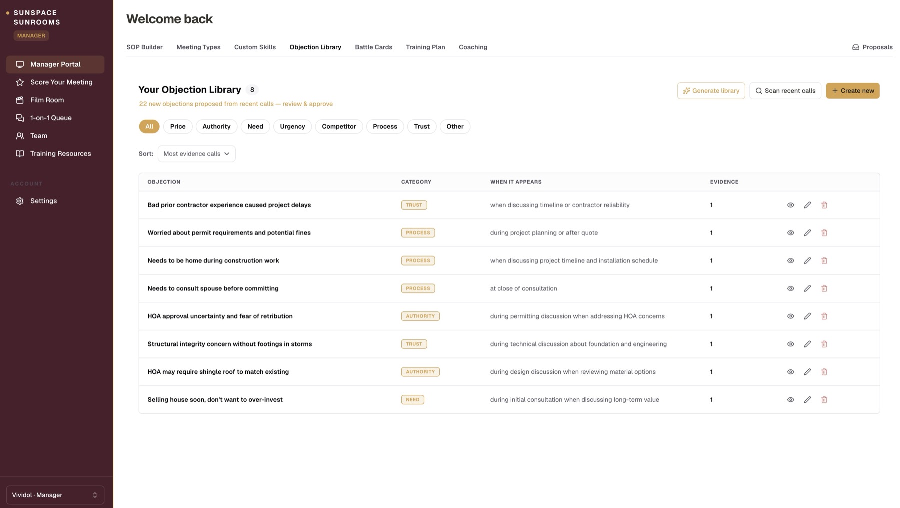 SalesComp objection library showing categorized objections with evidence from real calls, under a client company's own brand