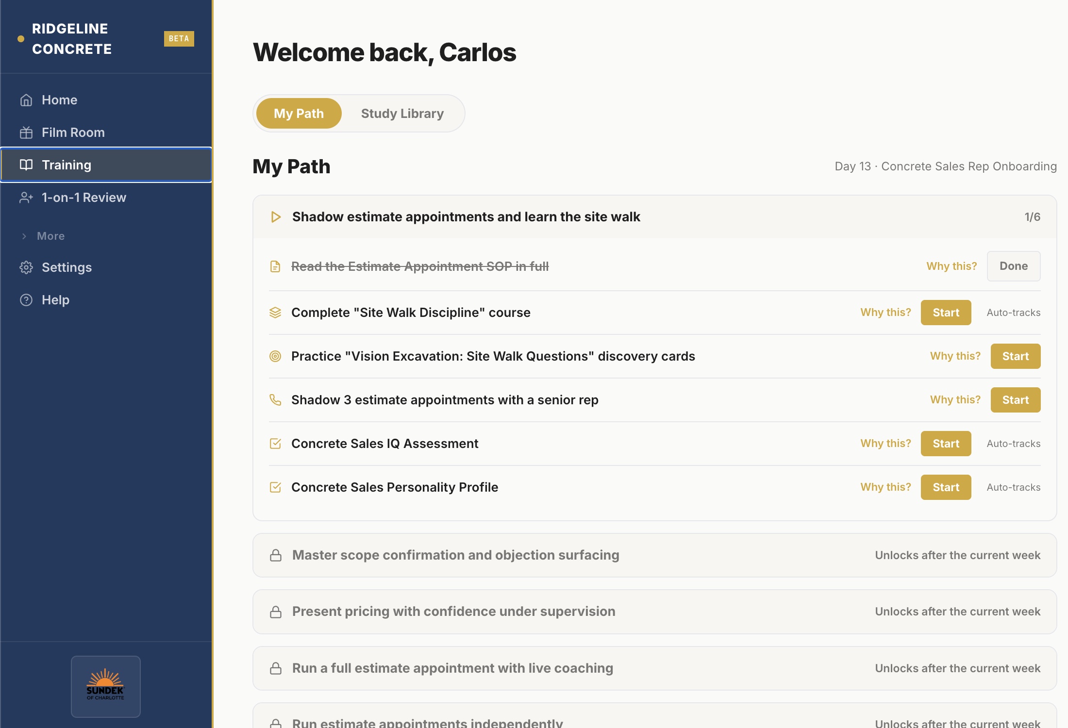 SalesComp training path screen showing a new rep's onboarding plan with courses, practice drills, and shadowing milestones, under the client company's own brand