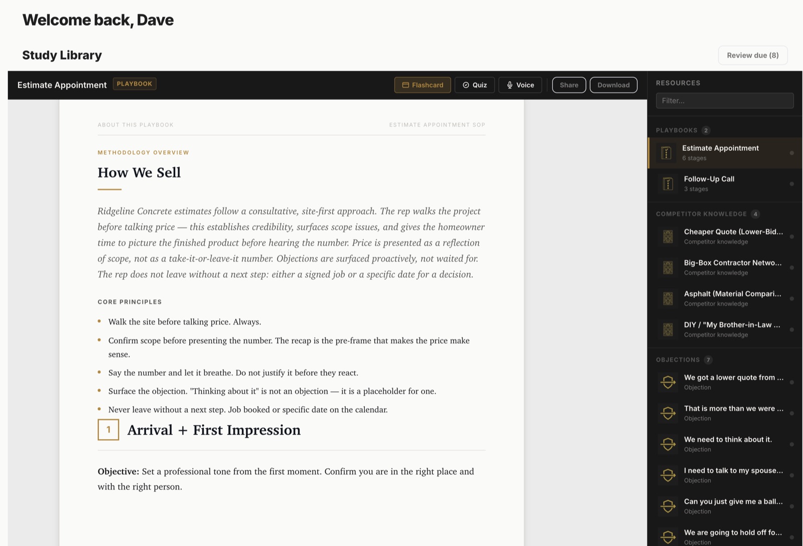 SalesComp Study Library showing a company sales playbook with methodology, stages, objection responses, and competitor knowledge